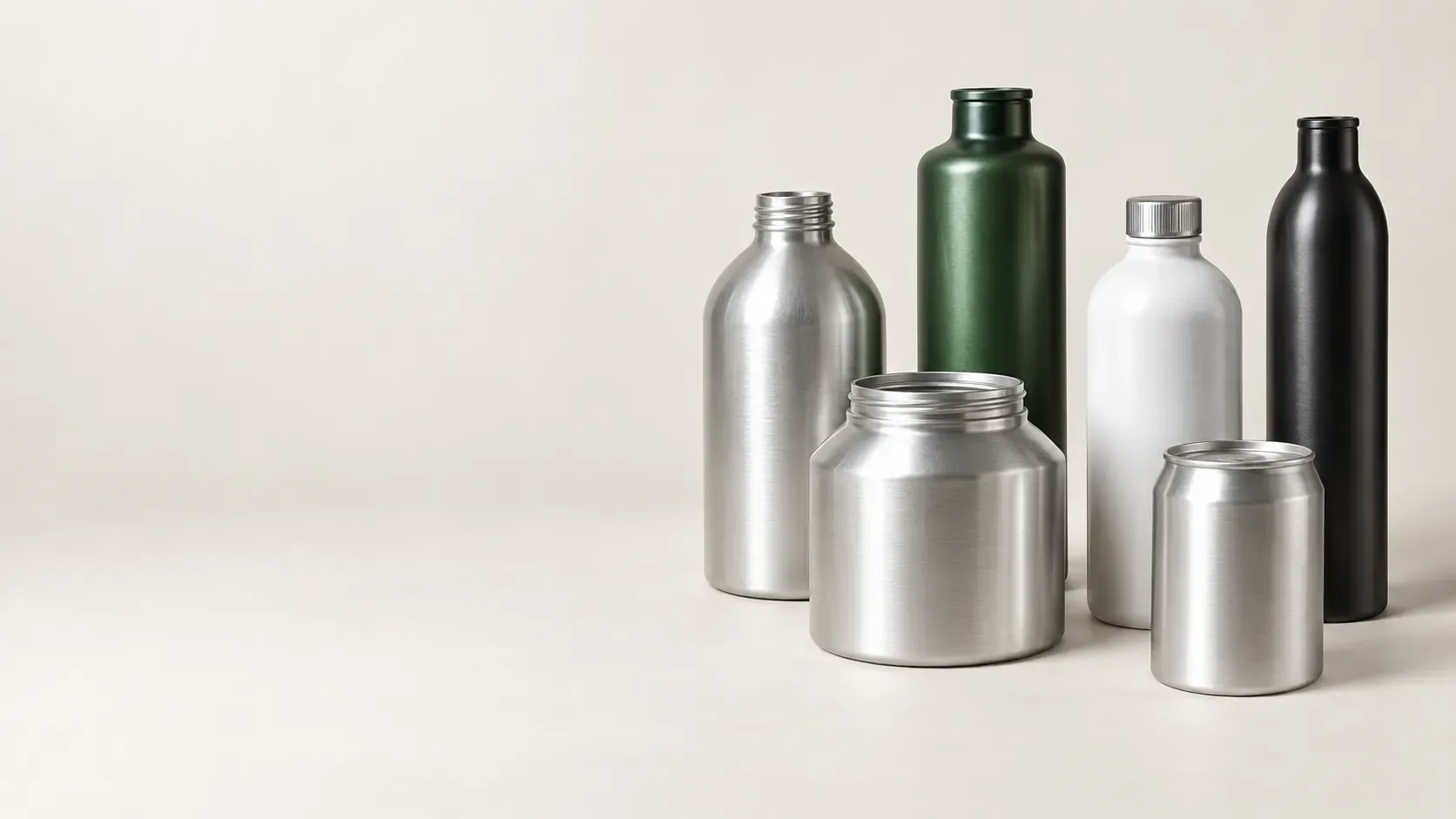 A range of brushed silver, black, green and white aluminum packaging containers