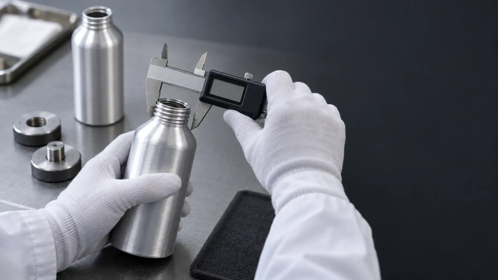 Technician measuring the threaded neck of an aluminum bottle